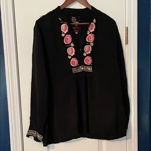 Johnny Was Black Blouse with Pink Floral Embroidery